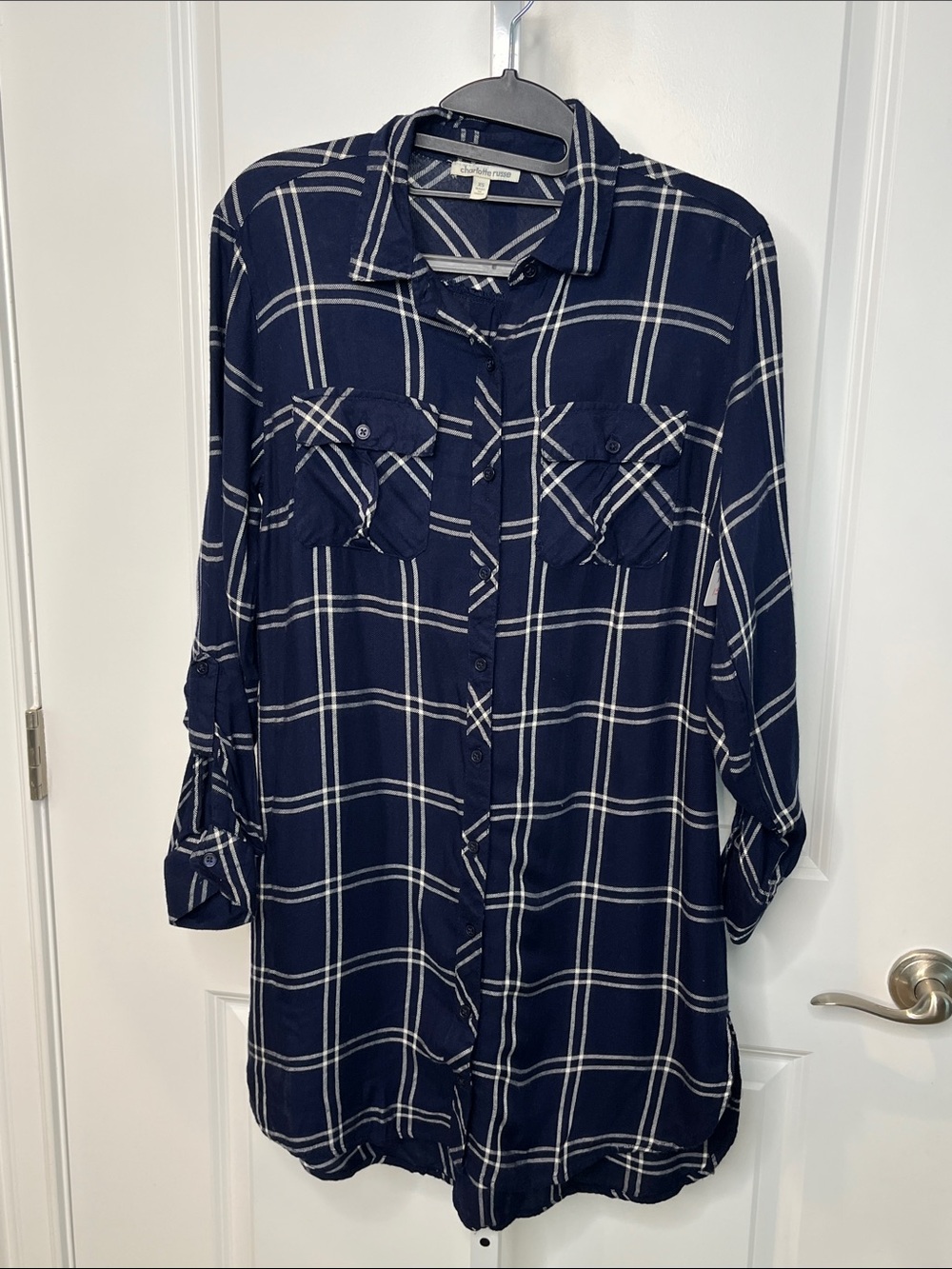 Charlotte Russe Navy and White Plaid Long-Sleeve Shirt Dress XS